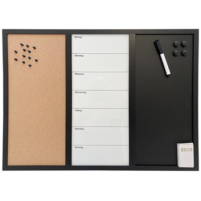 Whiteboard med veckoplan TYSK, kork- och kritavla 60 x 40 cm, inkl. svart magnetisk tuschpenna, 4 x svarta 20 mm magneter, 12 svarta nålar och 1 paket krita (5 st.)