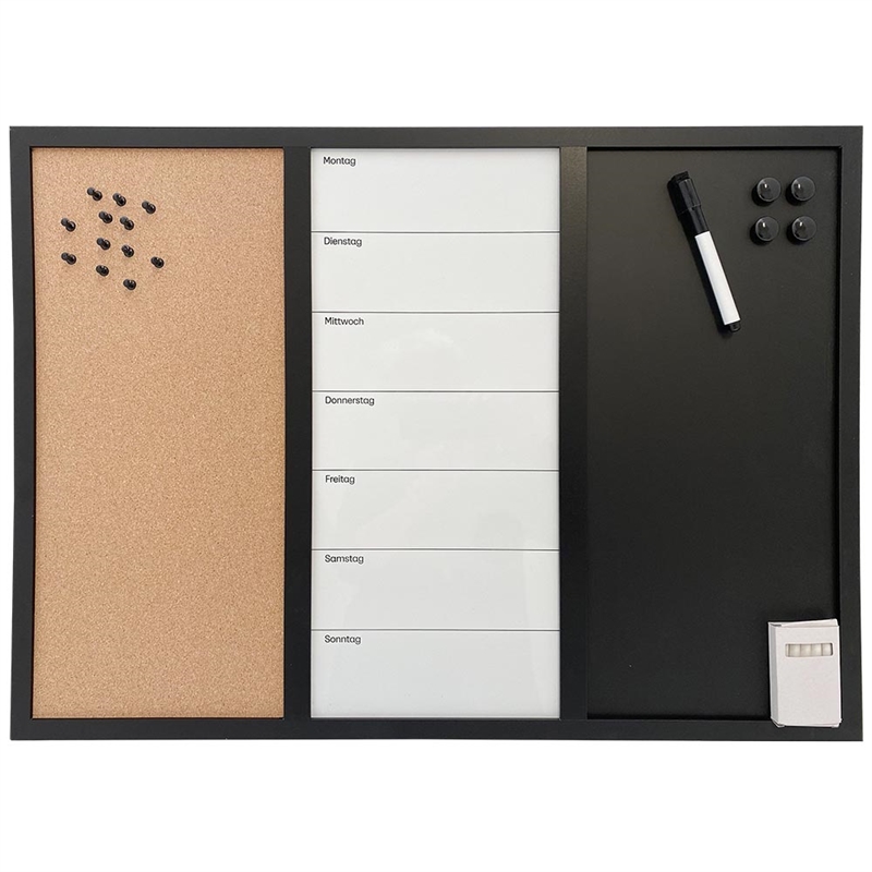 Whiteboard med veckoplan TYSK, kork- och kritavla 60 x 40 cm, inkl. svart magnetisk tuschpenna, 4 x svarta 20 mm magneter, 12 svarta nålar och 1 paket krita (5 st.)