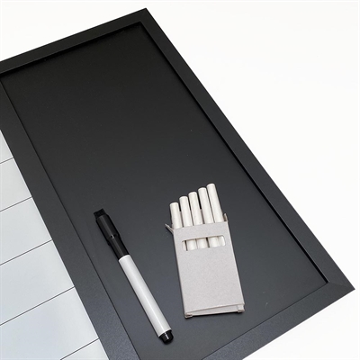 Whiteboard med veckoplan TYSK, kork- och kritavla 60 x 40 cm, inkl. svart magnetisk tuschpenna, 4 x svarta 20 mm magneter, 12 svarta nålar och 1 paket krita (5 st.)