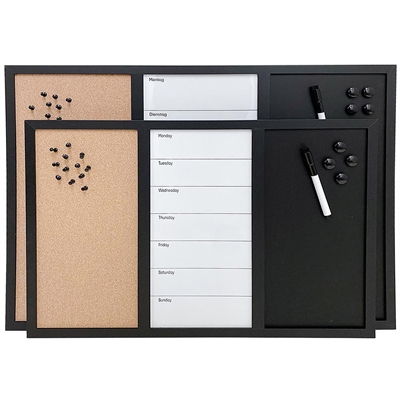 Whiteboard med veckoplan TYSK, kork- och kritavla 60 x 40 cm, inkl. svart magnetisk tuschpenna, 4 x svarta 20 mm magneter, 12 svarta nålar och 1 paket krita (5 st.)