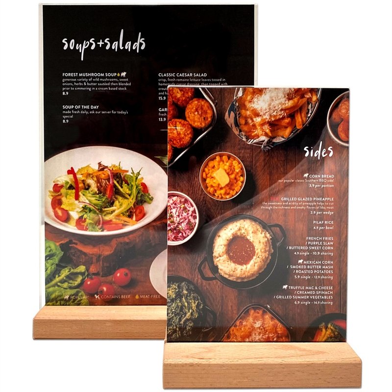 TR&Auml; Menyh&aring;llare av boktr&auml;, inkl. akrylpl&aring;t, A5, 2 vinklar - uppr&auml;tt och snett