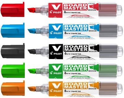 Pilot whiteboardpennor medium bred mejselspets, 5-pack, R&ouml;d/Orange/Gr&ouml;n/Bl&aring;/Svart