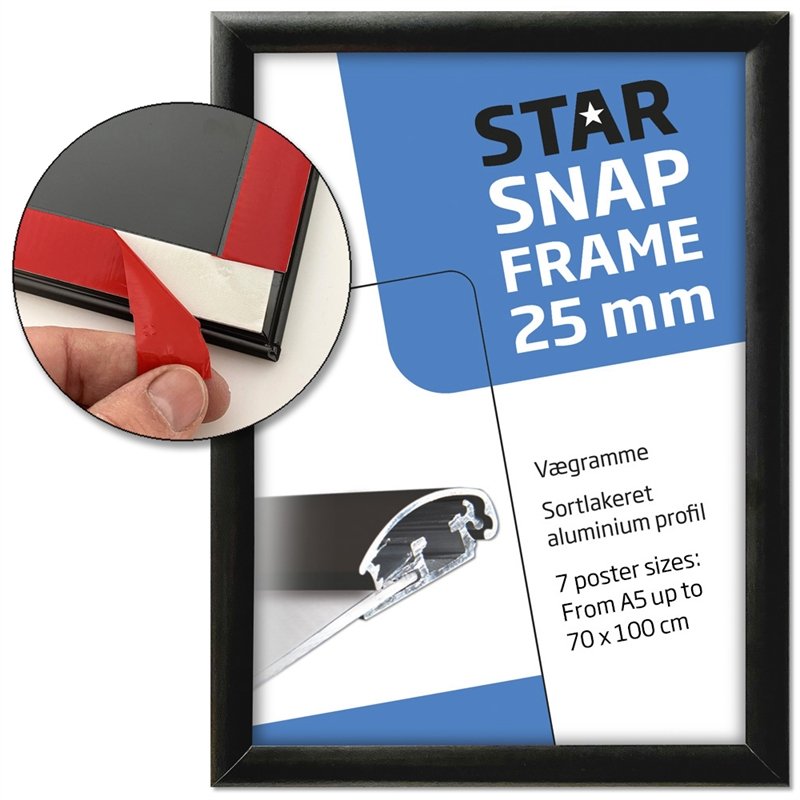 Snap frame Fast-Fix (med tape monteret på bagsiden, alu/sort RAL 9005, 25 mm, A5