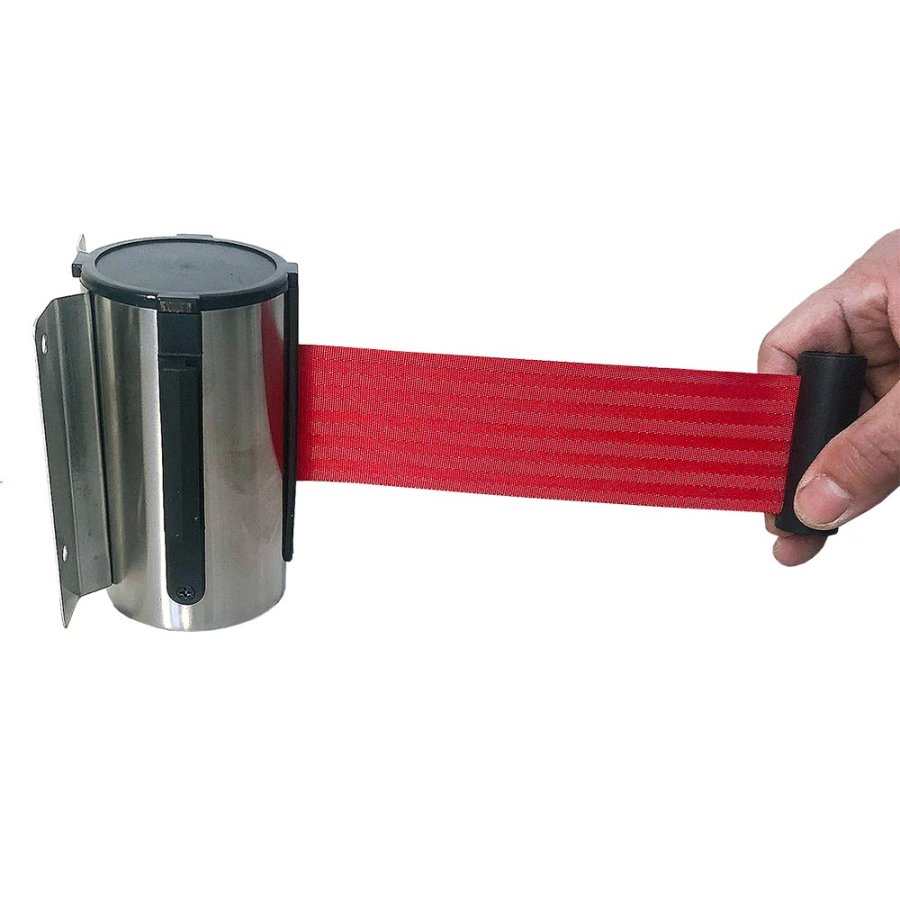 Crowd Barrier, Wall Dispenser, Stainlee Stål med 3 meter rött bälte