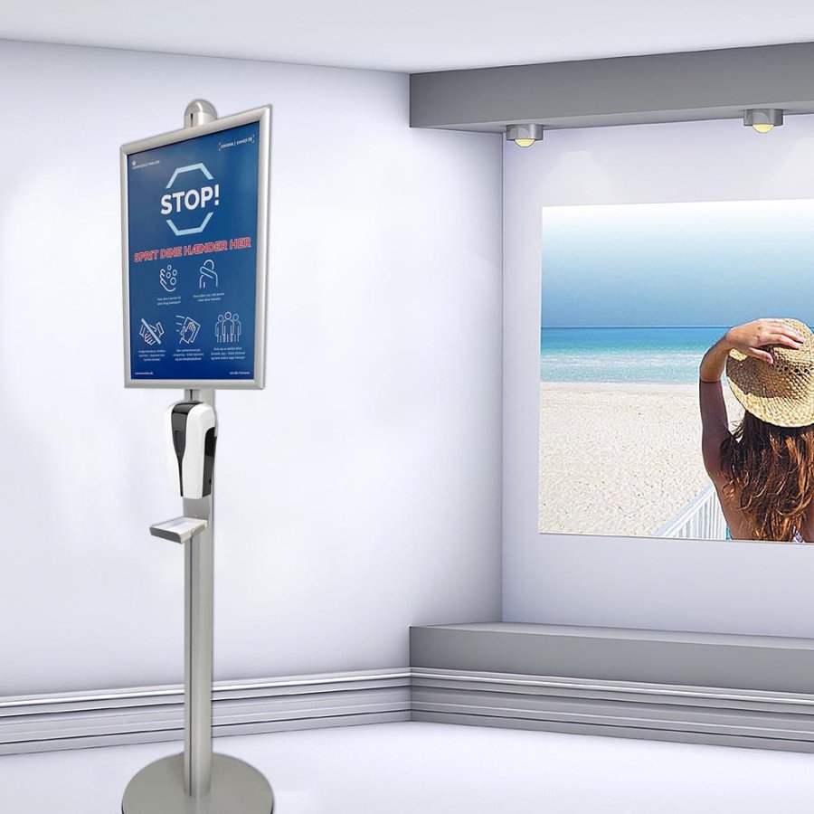 Handdesinfektionsst&auml;ll med automatisk handdesinfektionsautomat och A2 Snap-ram