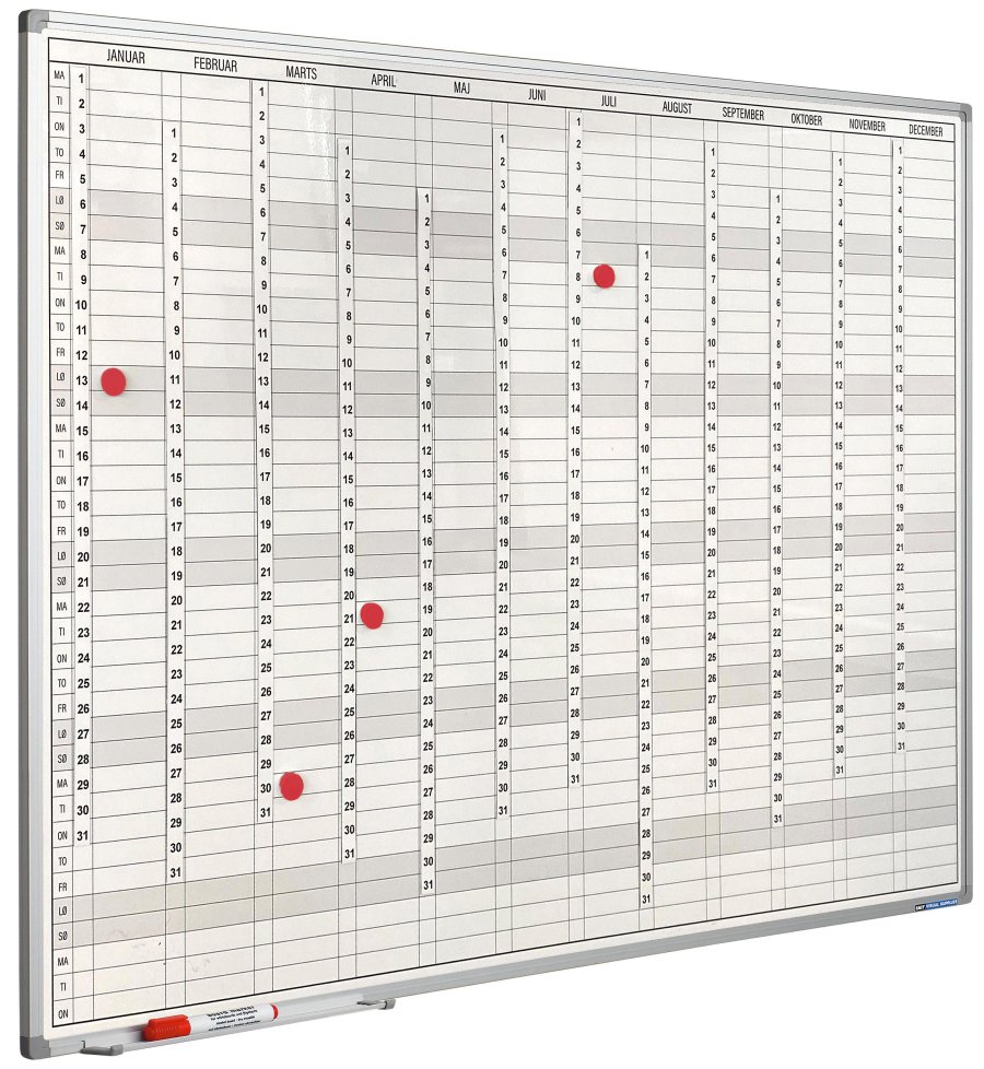 Planeringstavla med &aring;rskalender, inklusive datumremsa, 120 x 150 cm
