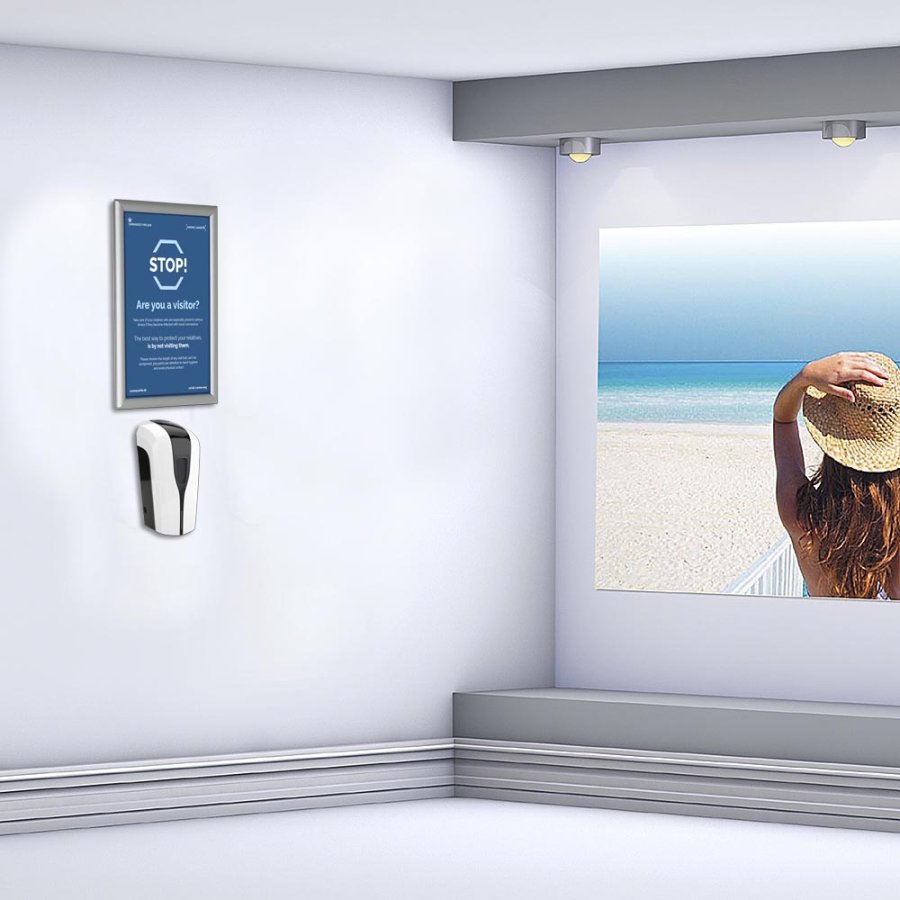 Handdesinfektionsautomat med A3 vikbar ram f&ouml;r v&auml;ggmontering - 1000 ml