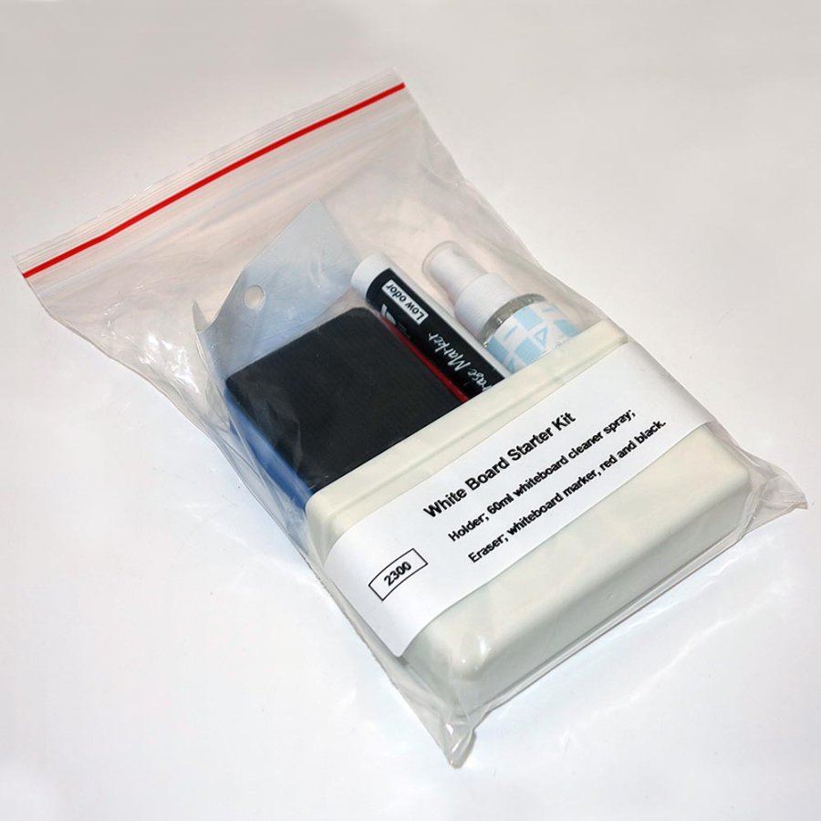 Whiteboard Startkit med h&aring;llare, r&ouml;d/svart whiteboardpenna, reng&ouml;ringssvamp och spray