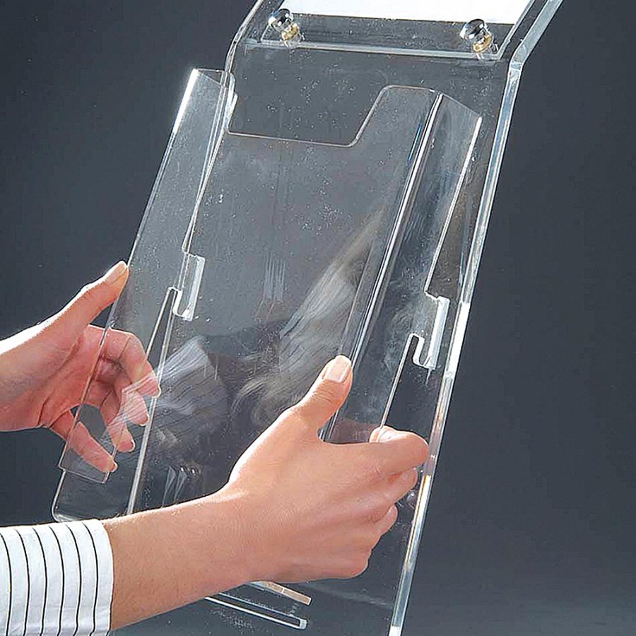 Akryl Info-st&auml;ll med broschyrh&aring;llare vertikal - A4 - 21x29,7 cm