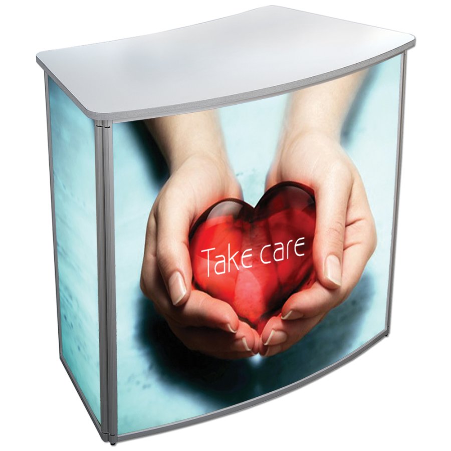 Sv&auml;ngd utst&auml;llningsdisk med vit bordsskiva