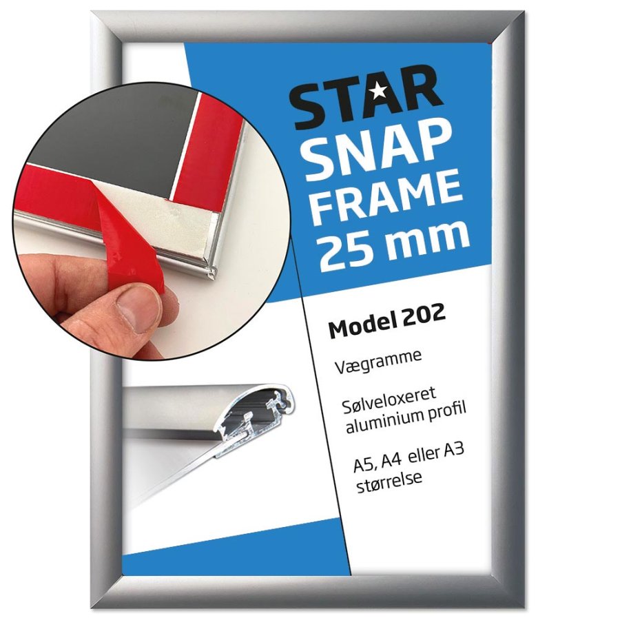 Snap frame Fast-Fix (med tape monteret p&aring; bagsiden), alu/s&oslash;lv, 25 mm, A5