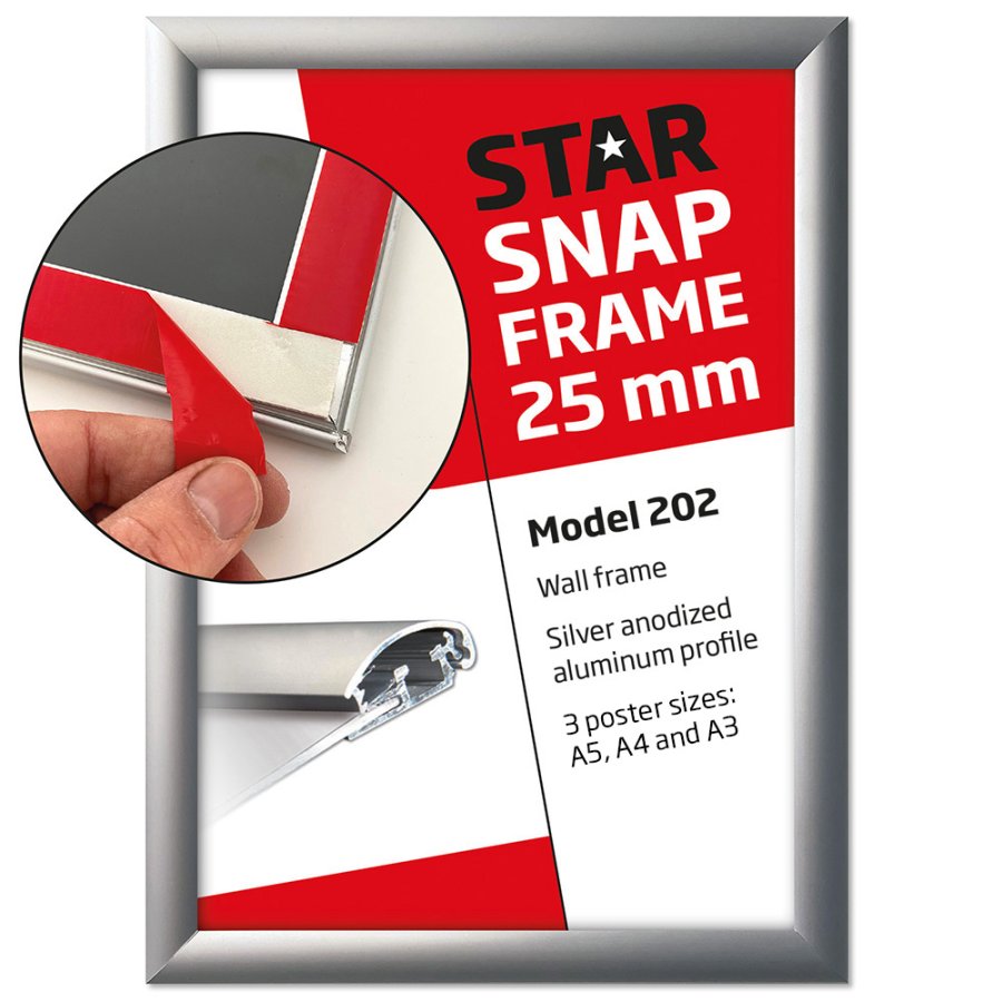 Snap frame Fast-Fix (med tape monteret p&aring; bagsiden), alu/s&oslash;lv, 25 mm, A5