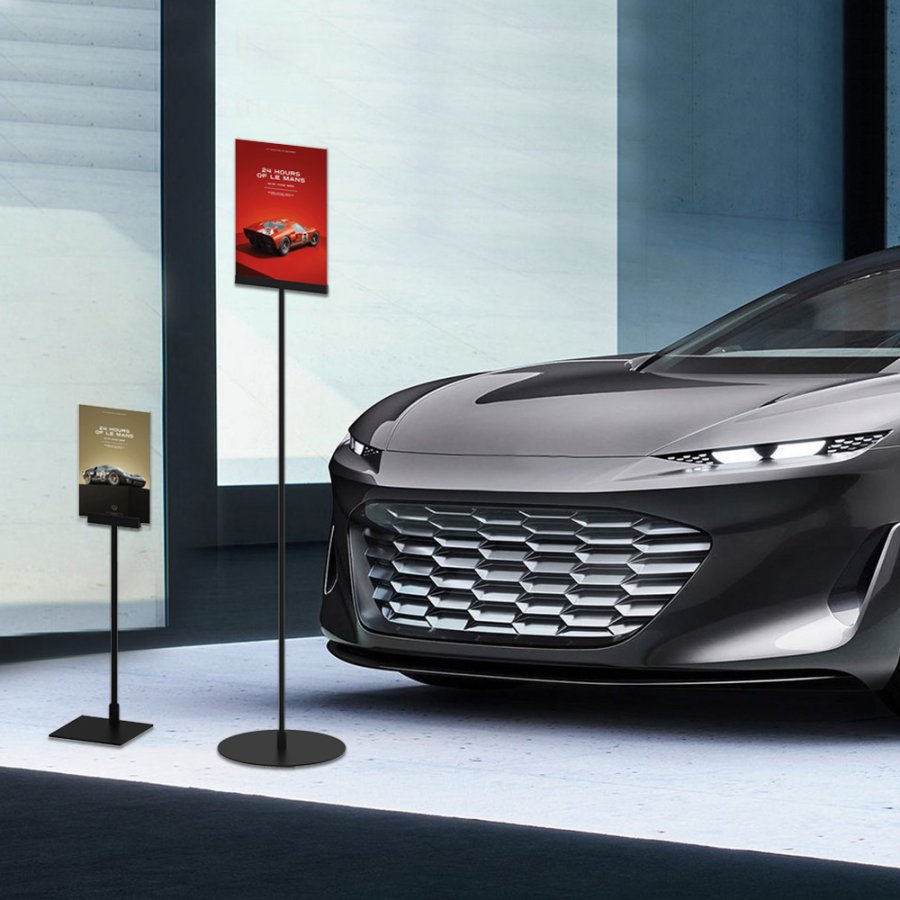 Design Stand, golvskylt med akrylh&aring;llare, vertikal A4, svart, 132cm h&ouml;g