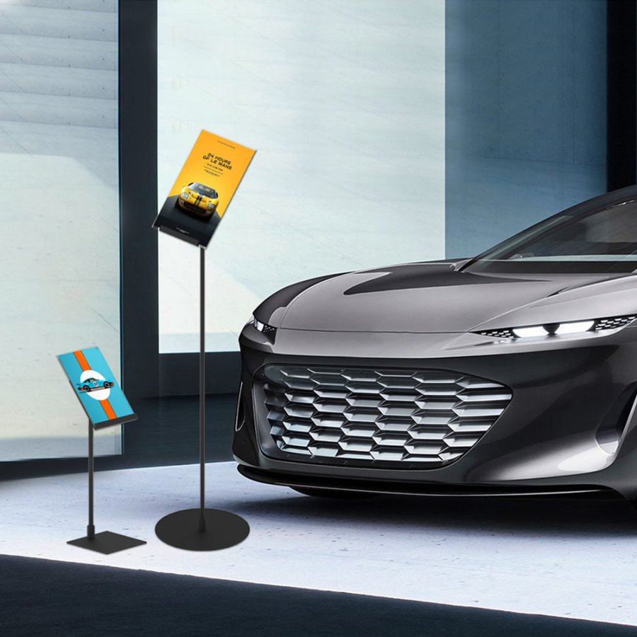 Design Stand, golvskylt med 50 graders vinklad h&aring;llare, vertikal A4 akrylh&aring;llare, svart