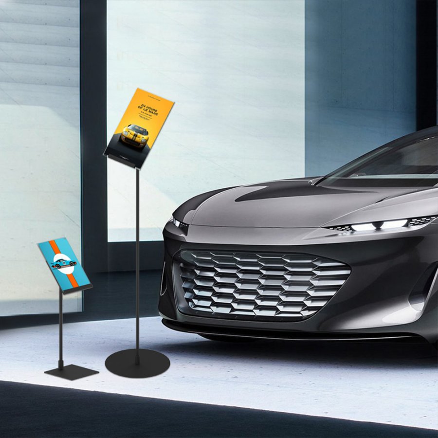 Design Stand. golvskylt med 50 graders vinklad h&aring;llare, horisontell A4 akrylh&aring;llare, svart