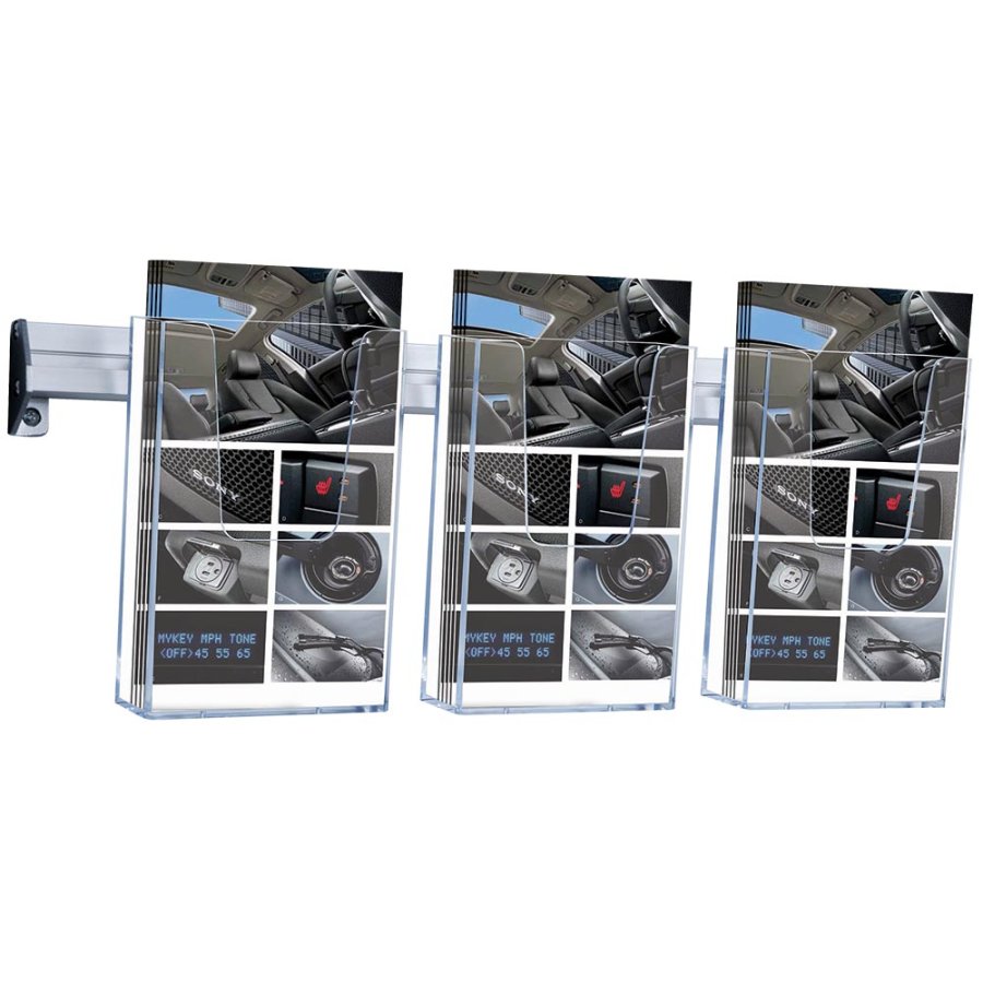 Broschyrh&aring;llare f&ouml;r v&auml;gg, aluminiumlist med 3 st. M65 akrylh&aring;llare