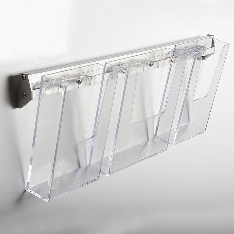 Broschyrh&aring;llare f&ouml;r v&auml;gg, aluminiumlist med 3 st. M65 akrylh&aring;llare