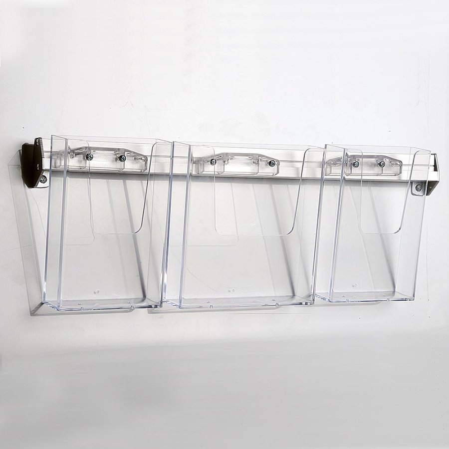 Broschyrh&aring;llare f&ouml;r v&auml;gg, aluminiumlist med 3 st. M65 akrylh&aring;llare