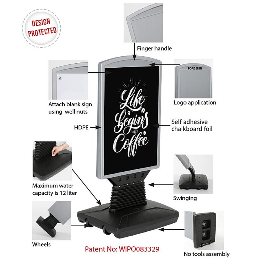 Plast Gatupratare med Fot, Svart Vattentank 12L, Silver