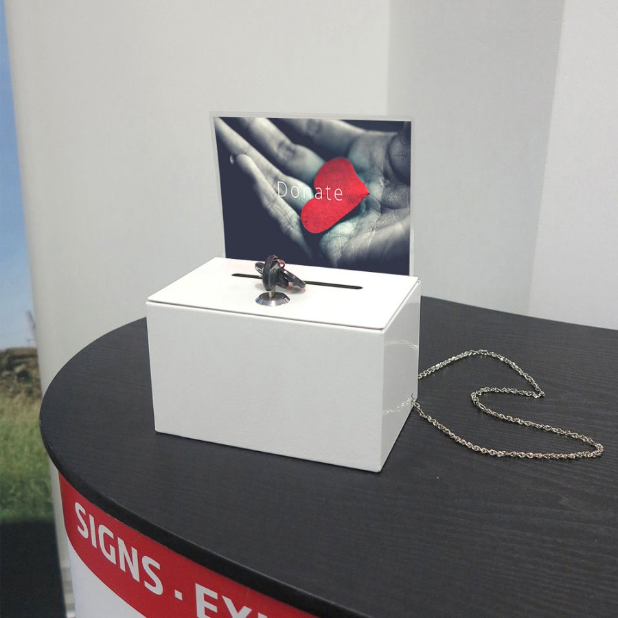 Donations- och tipsbox i vitt