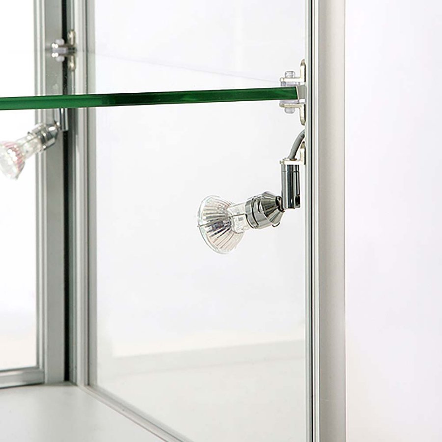 Vitrine vitrinsk&aring;p - Showcase Counter Duo glasmonter med undersk&aring;p, LED-ljus och l&aring;s - silver