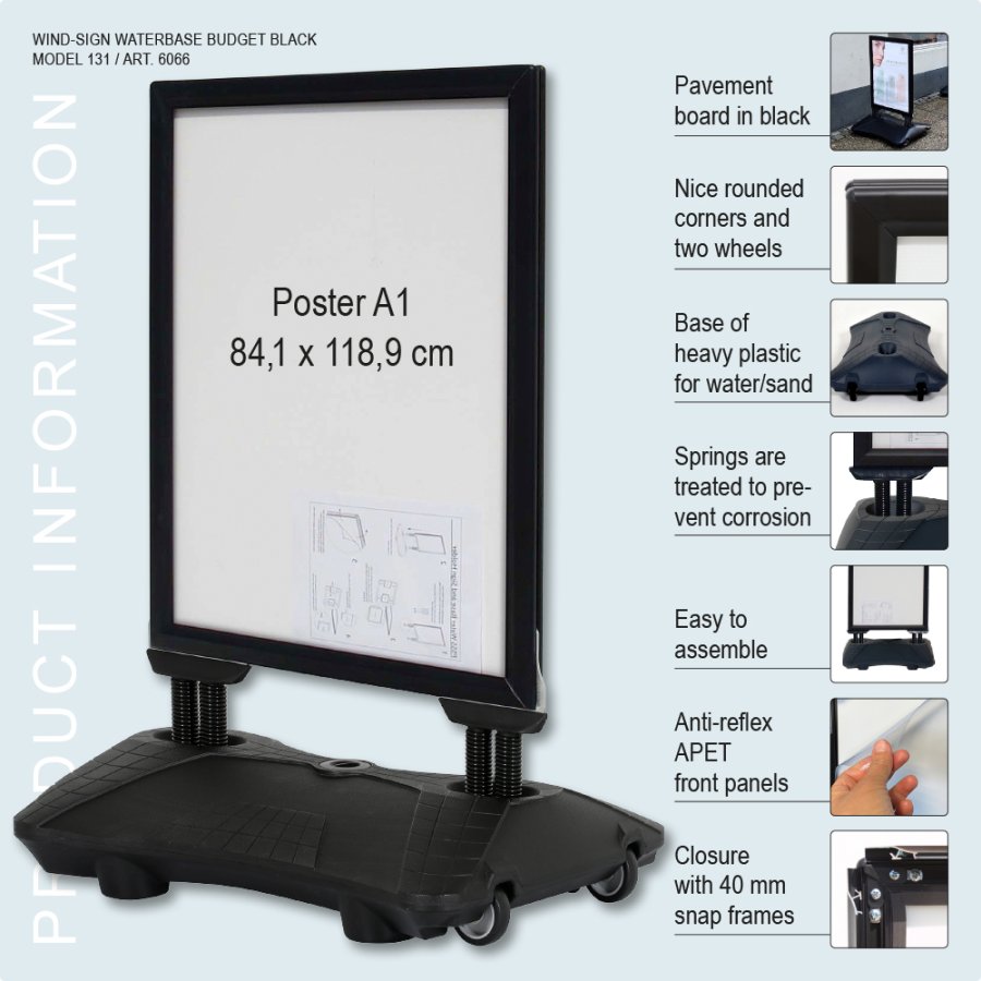 Gatupratare, Wind-Sign Waterbase Budget, 40 mm aluminiumprofil, Svart, A1 - 59,4 x 84,1 cm