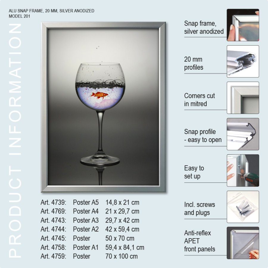 Sn&auml;ppram, 20 mm platt aluminiumprofil, Silver, A4 - 21 x 29,7 cm