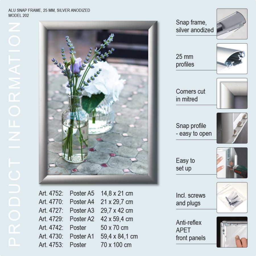 Sn&auml;ppram, 25 mm profil, Silver, A4 - 21 x 29,7 cm