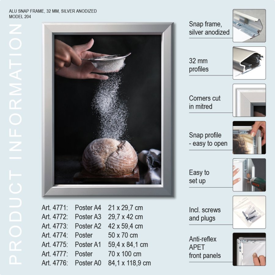 Sn&auml;ppram, 32 mm profil, Silver, A1 - 59,4 x 84,1 cm