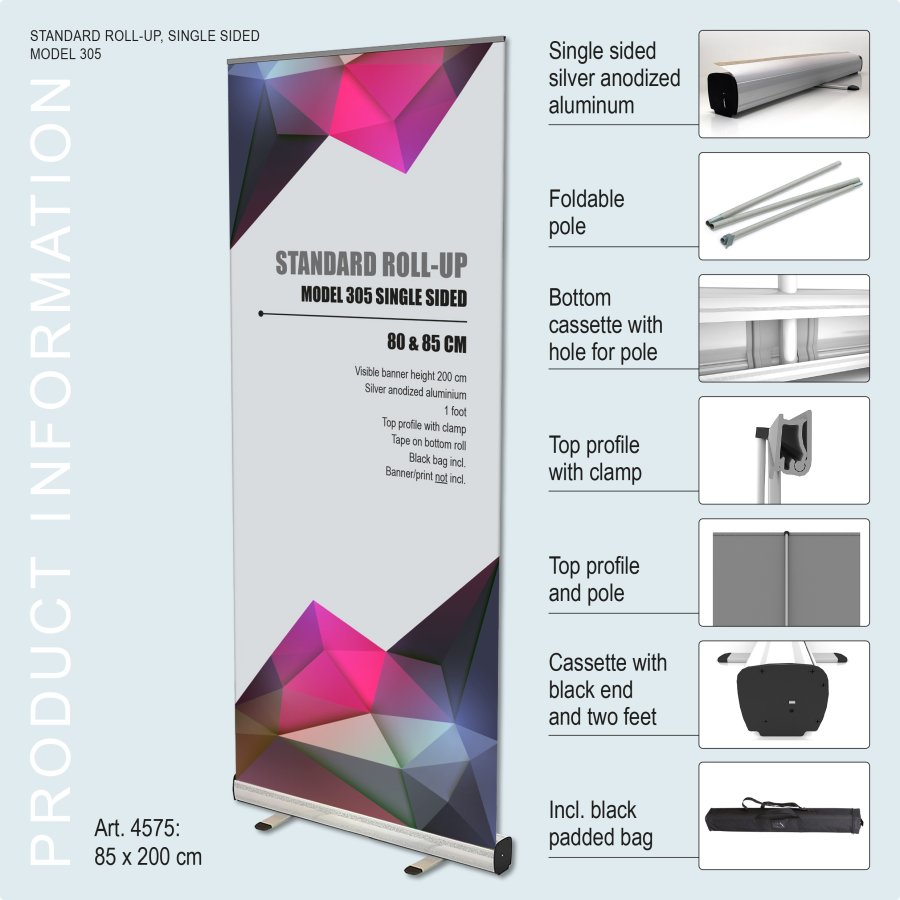 Standard Roll-up Aluminiumkassett Enkelriktat Banner inkl. V&auml;ska 85x200 cm Silver