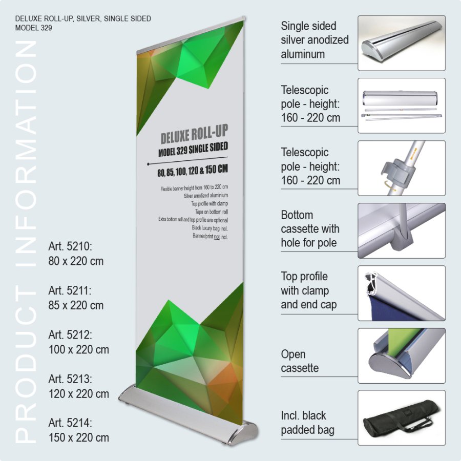 Roll up, Deluxe, ensidig, aluminium, 150 cm