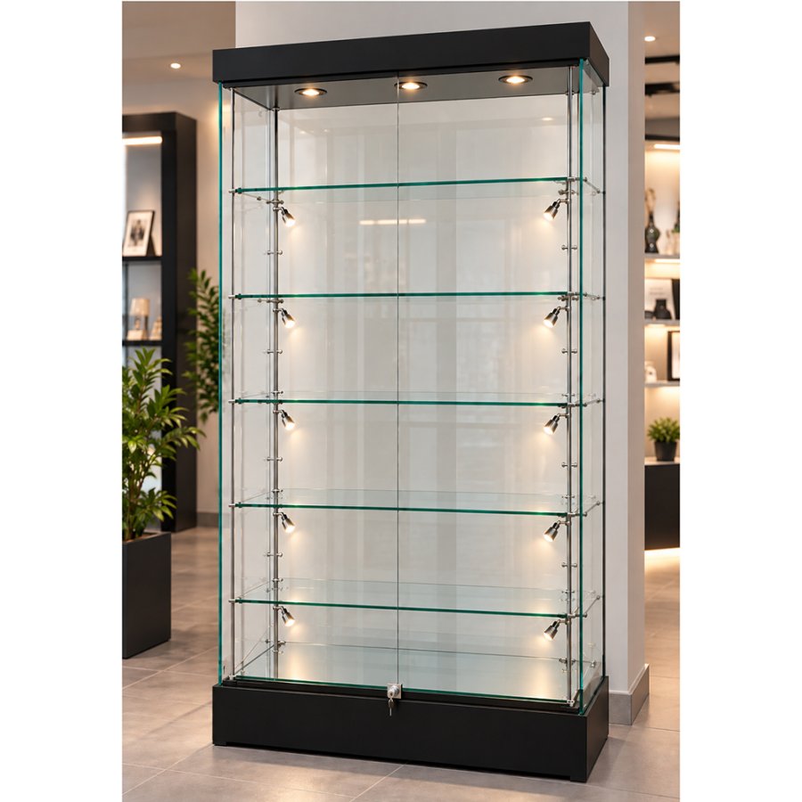 Showcase raml&ouml;s glasmontre med LED-ljus och l&aring;s, svart