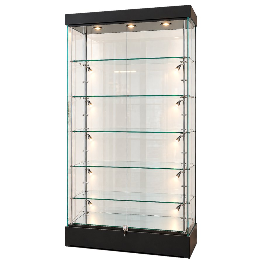 Showcase raml&ouml;s glasmontre med LED-ljus och l&aring;s, svart