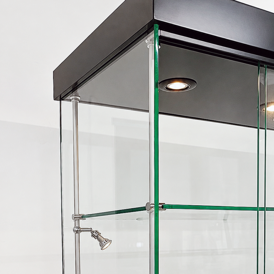 Showcase raml&ouml;s glasmontre med LED-ljus och l&aring;s, svart